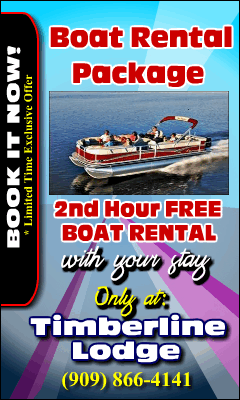 Free 1 hour fishing boat, kayak or pontoon boat rental at Timberline Lodge Big Bear Lake